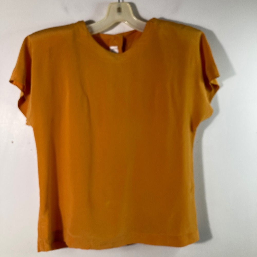 Ellen Tracy Silk Blouse Gold Mustard Button Back Short Sleeve Size 10 Flaw Read